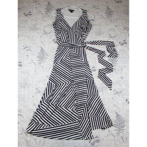 EUC Lauren Ralph Lauren Black white stripe geo knit sleeveless midi wrap dress 4